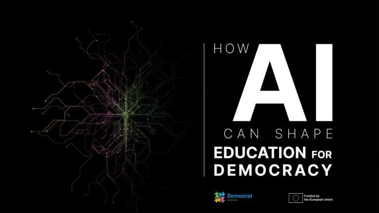 Black cover image with a colourful circuit-like burst spreading from the centre-left. On the right, large white text reads “AI” and “How AI can shape Education for Democracy”. Democrat and EU funding logos appear at the bottom.