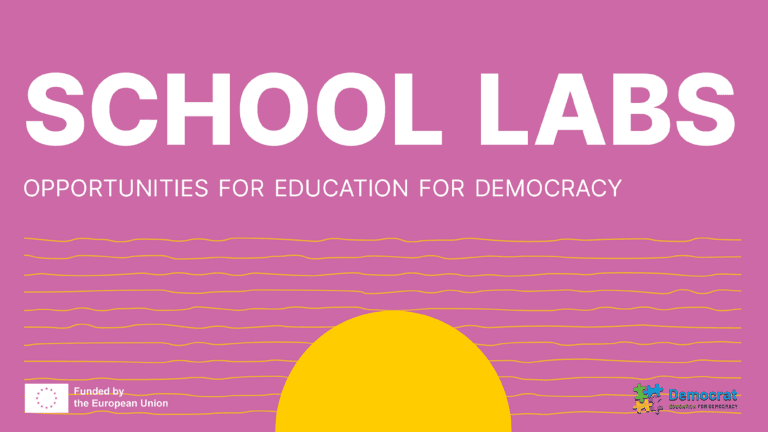 Purple cover with large white text “SCHOOL LABS” and subtitle “OPPORTUNITIES FOR EDUCATION FOR DEMOCRACY”, yellow wavy lines and a yellow sun shape at the bottom; EU funding and DEMOCRAT logos.