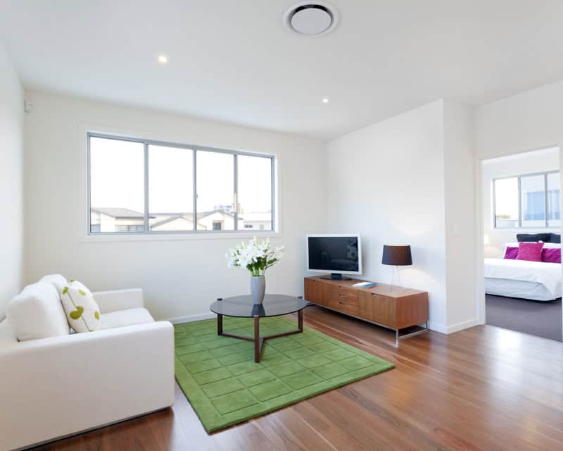 Modern living room with white sofa, wooden floor, large window, and green rug. Connected to a bedroom with visible bed and pink bedding, just waiting for an e-design interior design package from design-chat.