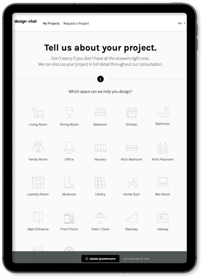 This is a screenshot of a tablet displaying a webpage for a e-design interior design consultation service, with various room options for a design project.