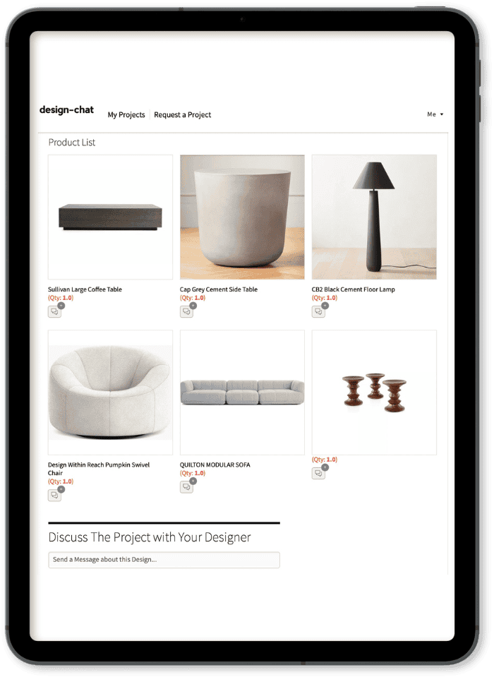 The image shows a tablet displaying a e-design interior design shopping website featuring items like a coffee table, side table, floor lamp, swivel chair, modular sofa, and candle holders.