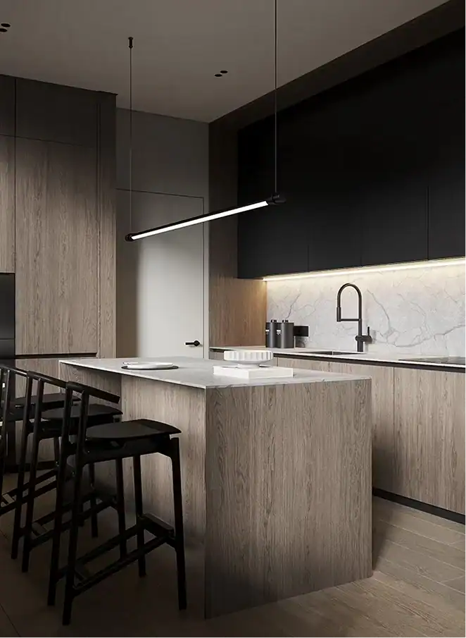 Minimalist kitchen with black and wood cabinets