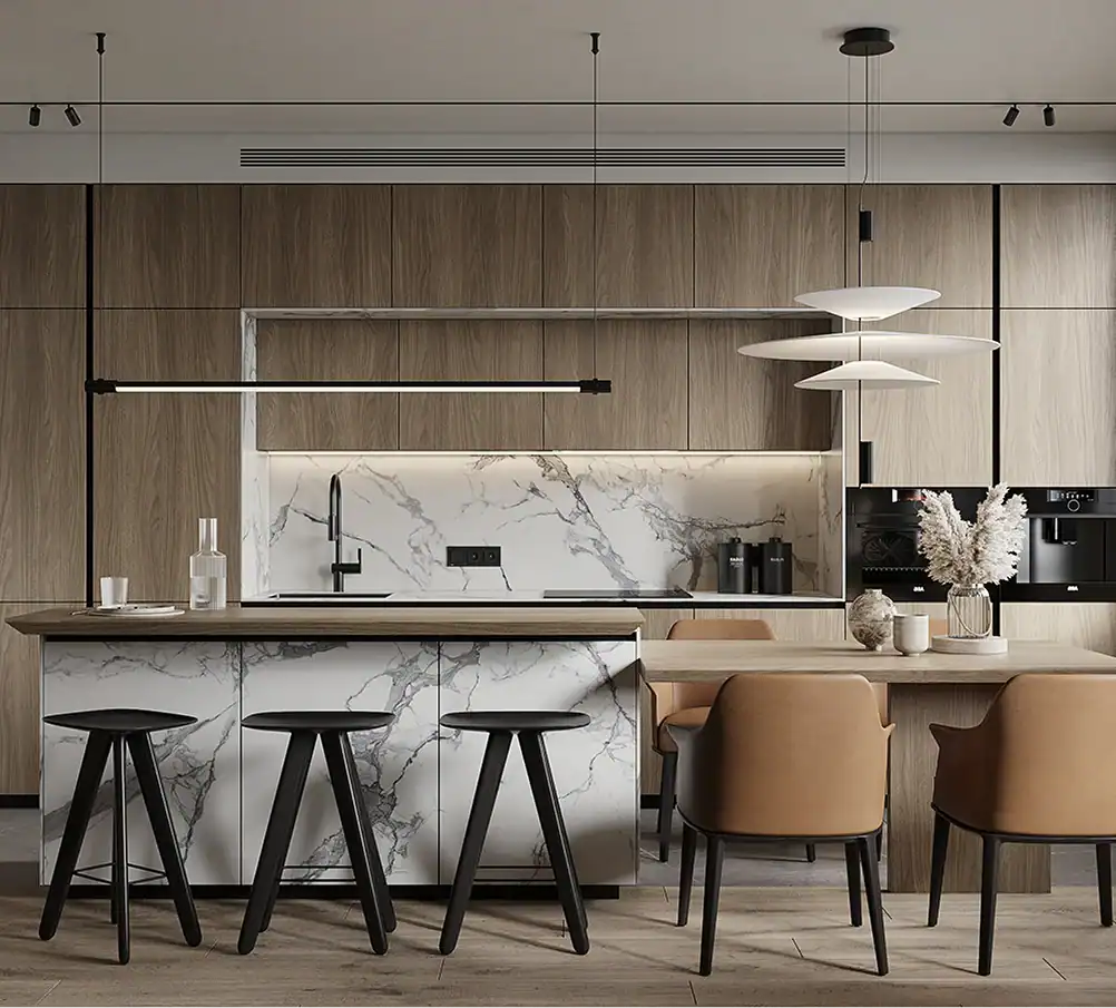 Open kitchen with marble backsplash and bar seating