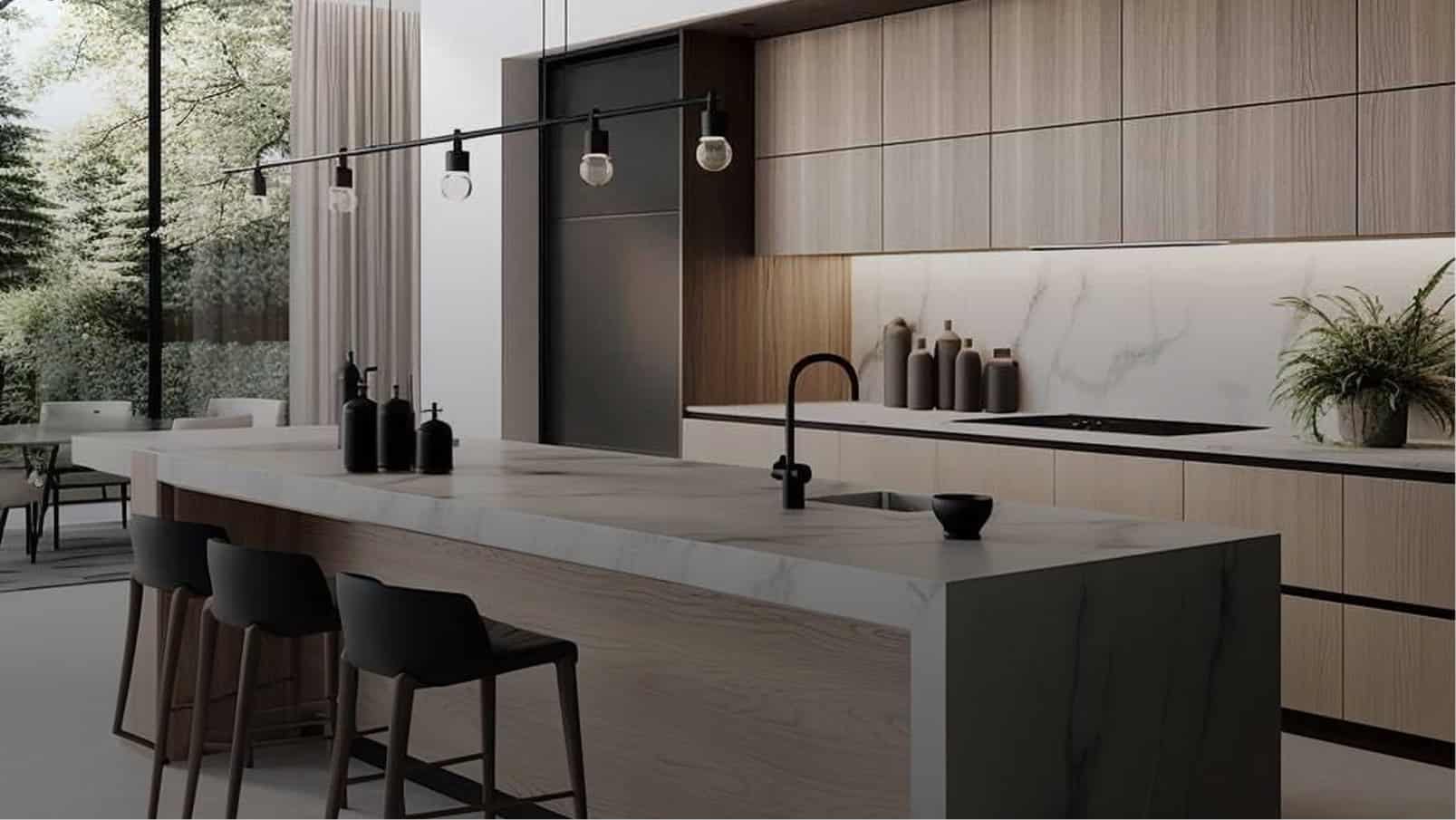 Contemporary kitchen island with pendant lighting