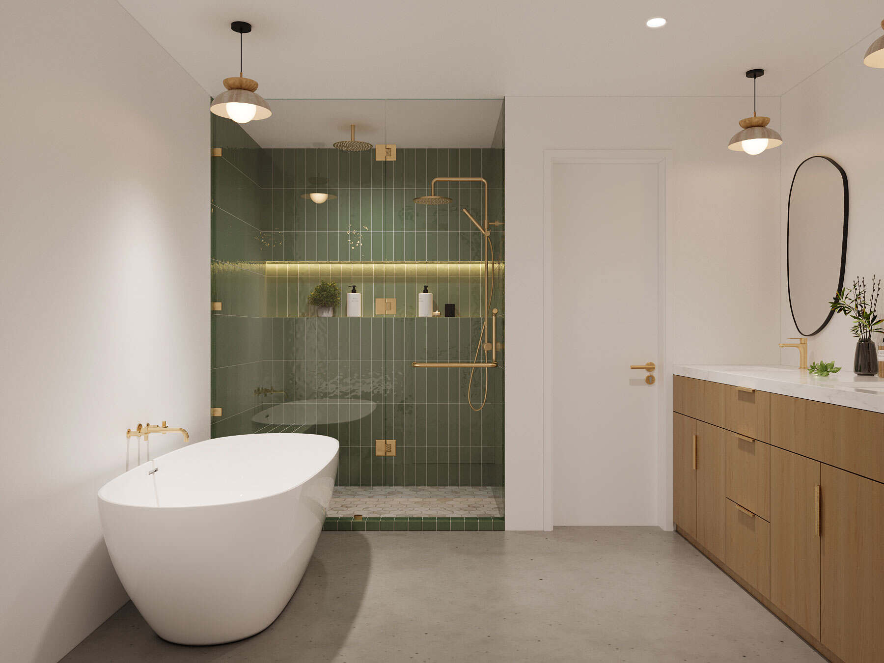 A bathroom with green tile and gold fixtures.