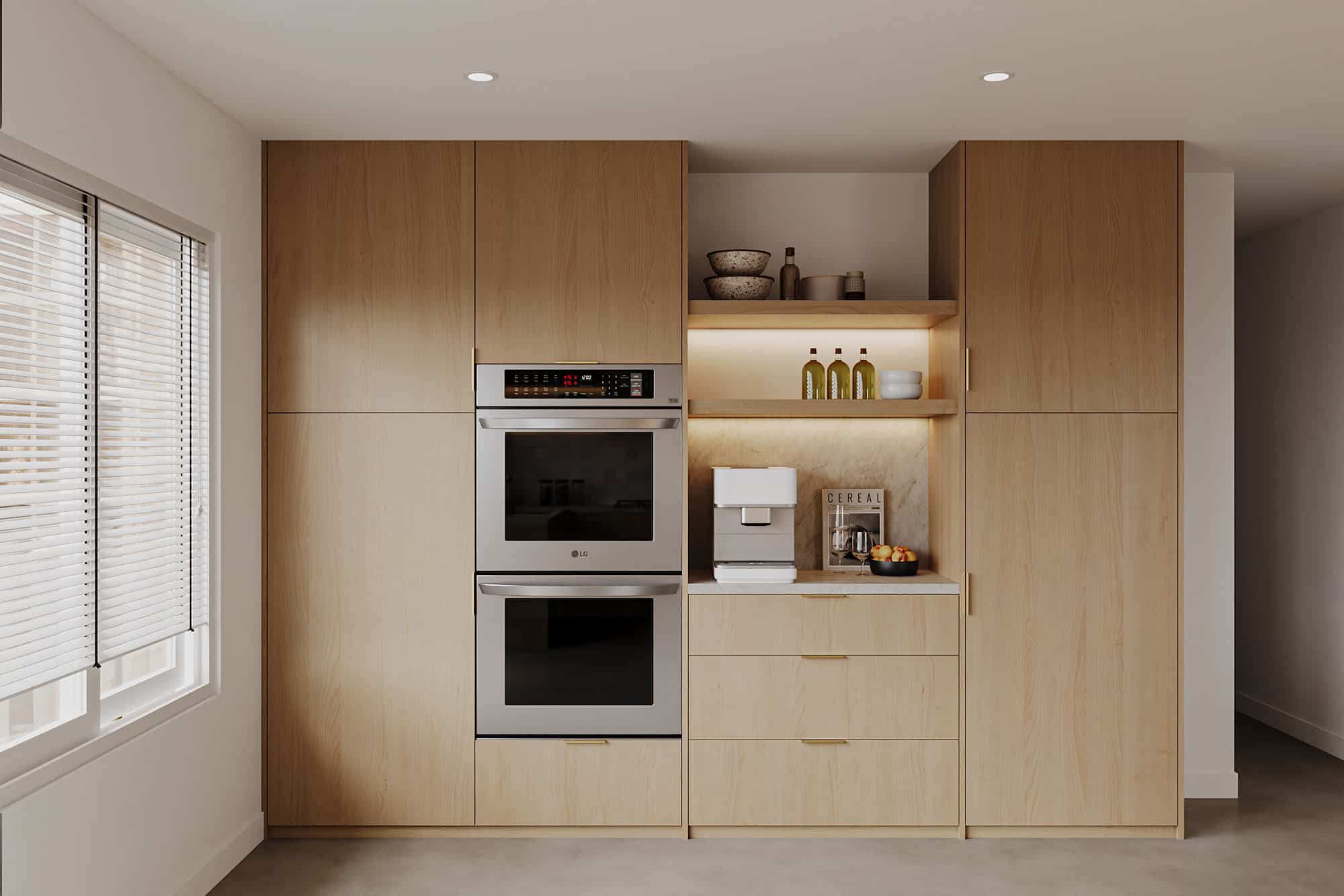 Built-in double ovens with wood cabinetry
