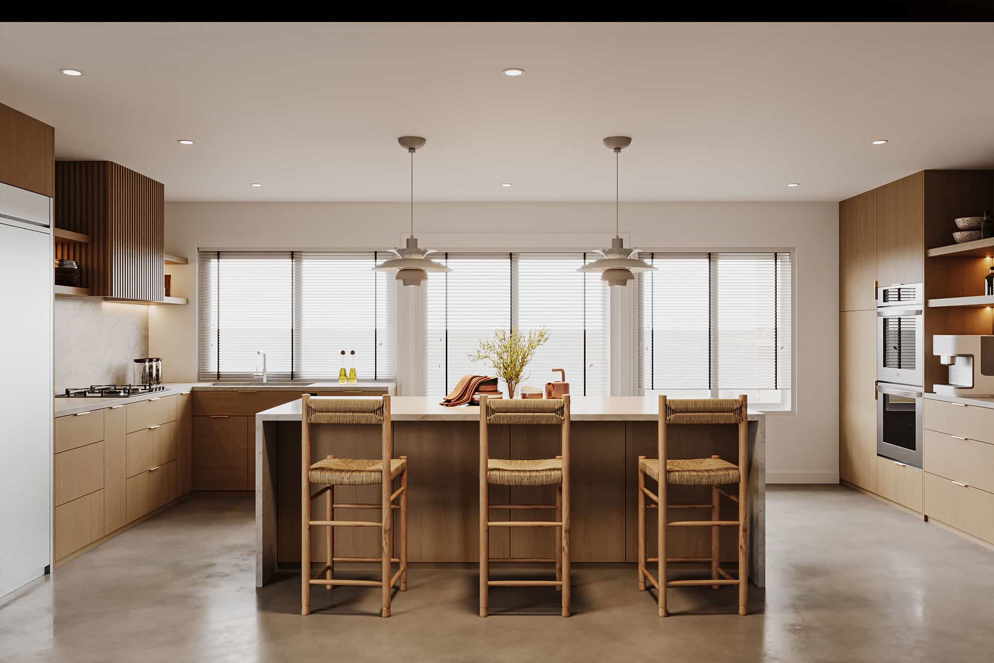 Dining space with pendant lights and wood finishes