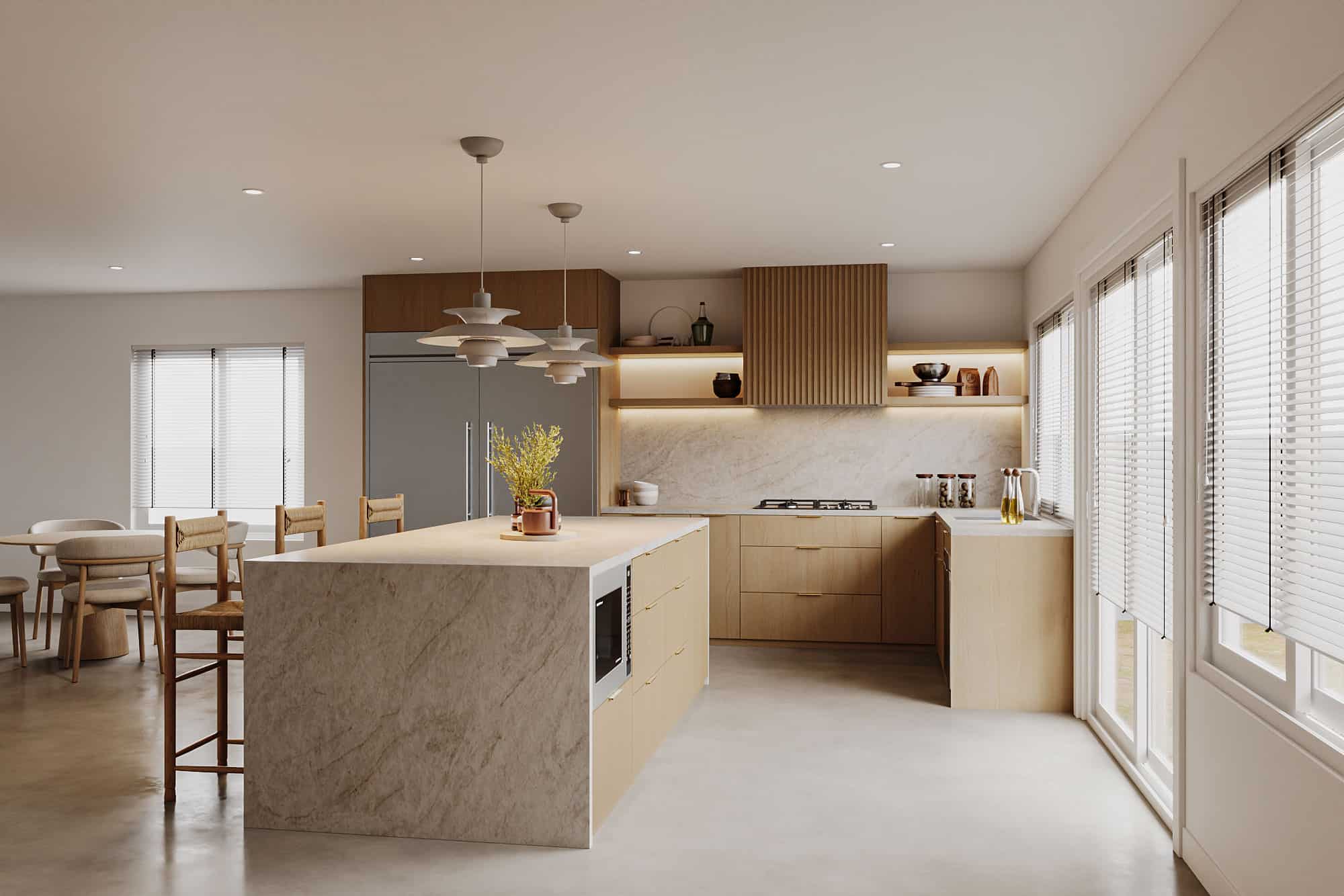 Contemporary kitchen with island and wood cabinetry