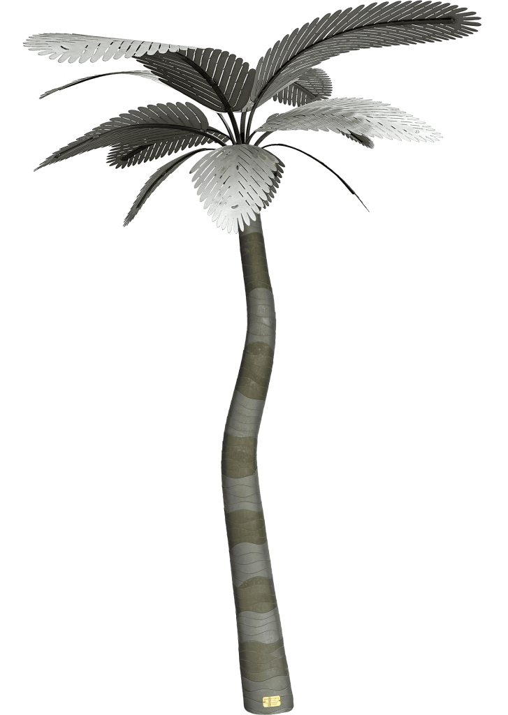 Palm tree with large, lush leaves and a tall, striped trunk.