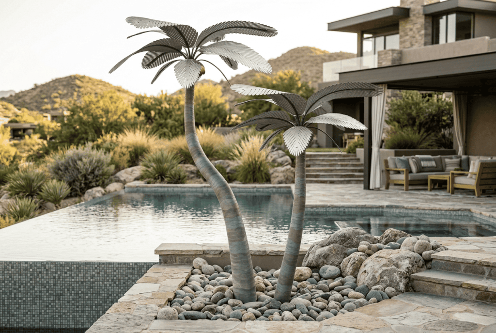 Modern metal palm tree sculpture for outdoor landscaping and garden decor.
