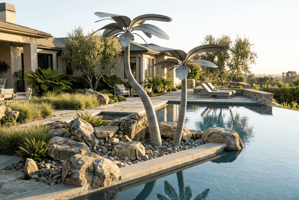 Elegant designer palms near a luxurious poolside setting.