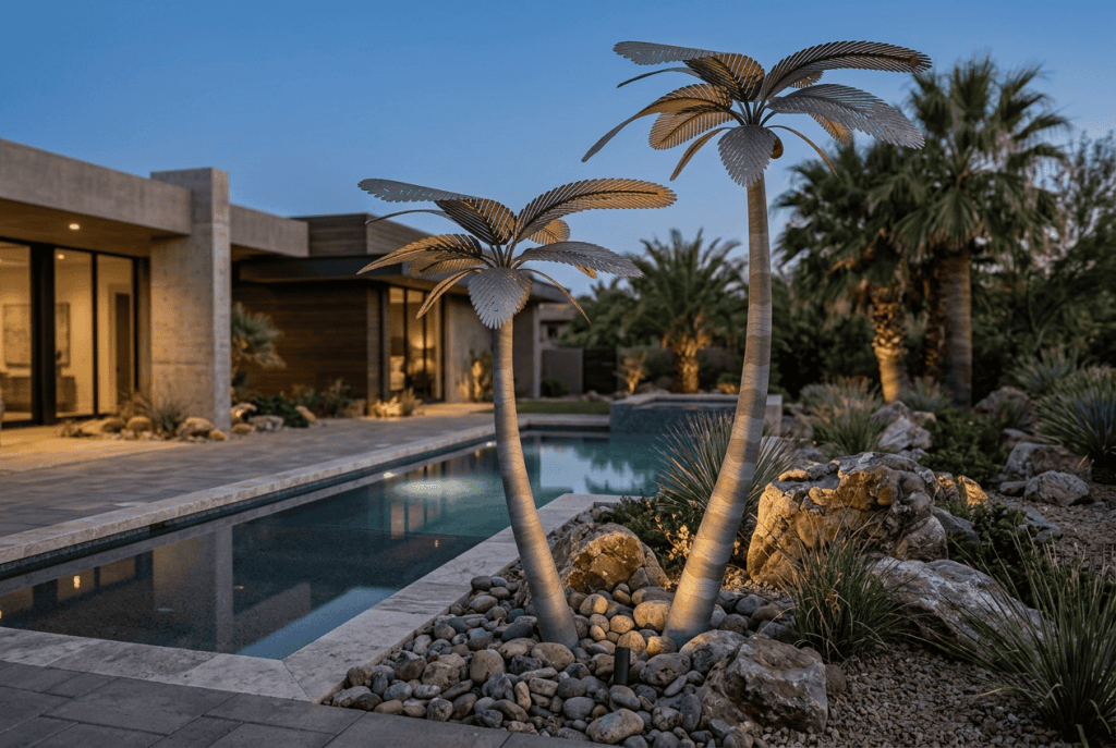 Beautiful outdoor scene featuring designer palms, modern pool, and desert landscaping for luxury bac.