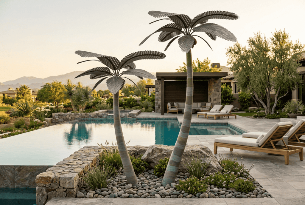 Elegant palm trees and luxurious pool area for outdoor relaxation and tropical ambiance. Perfect for.