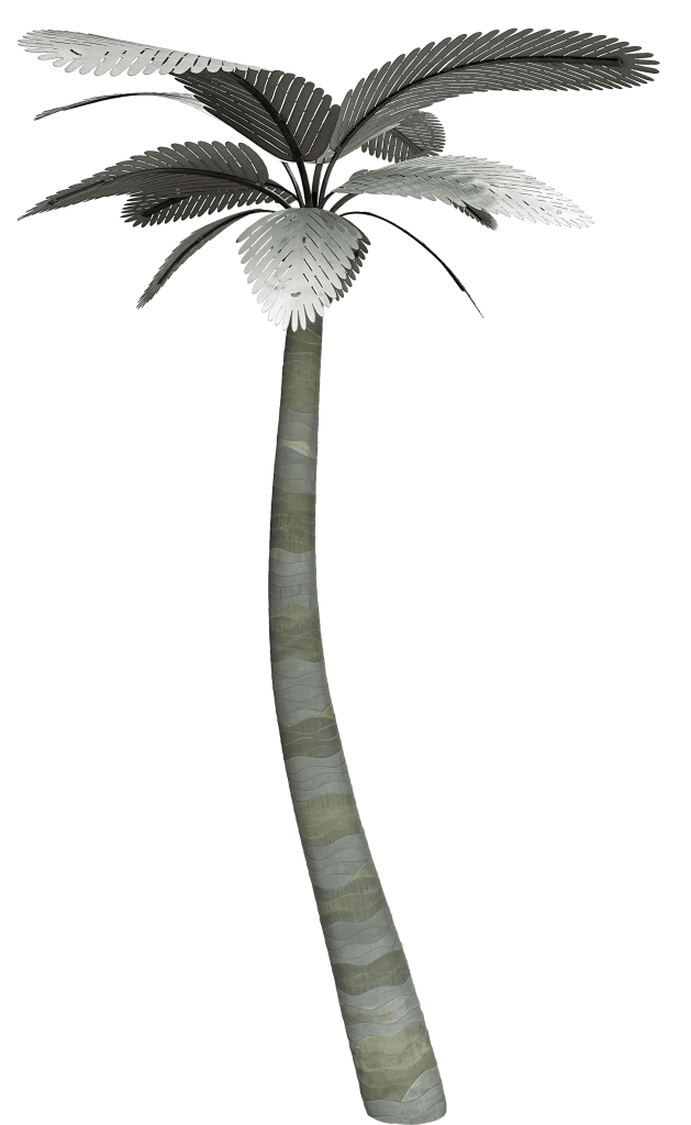 Palm tree with lush, fan-shaped leaves and a tall, slender trunk.
