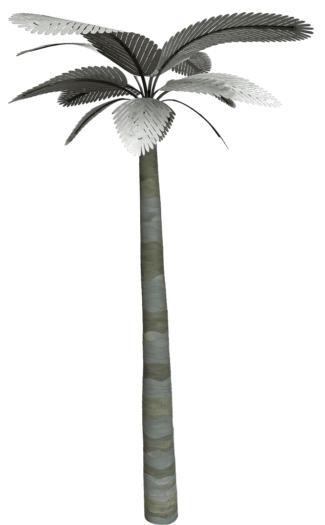 Elegant designer palm tree with lush fronds and textured trunk for tropical decor.