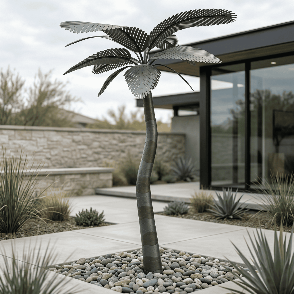 Modern metal palm tree sculpture for outdoor garden decor.