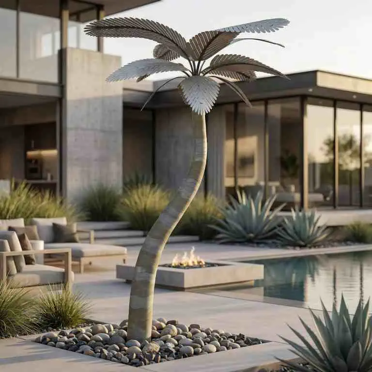 Modern metal palm tree sculpture for outdoor landscaping and garden decor.