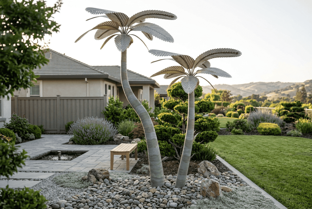 Designer Palms with unique, sculptural leaves in a modern garden setting.