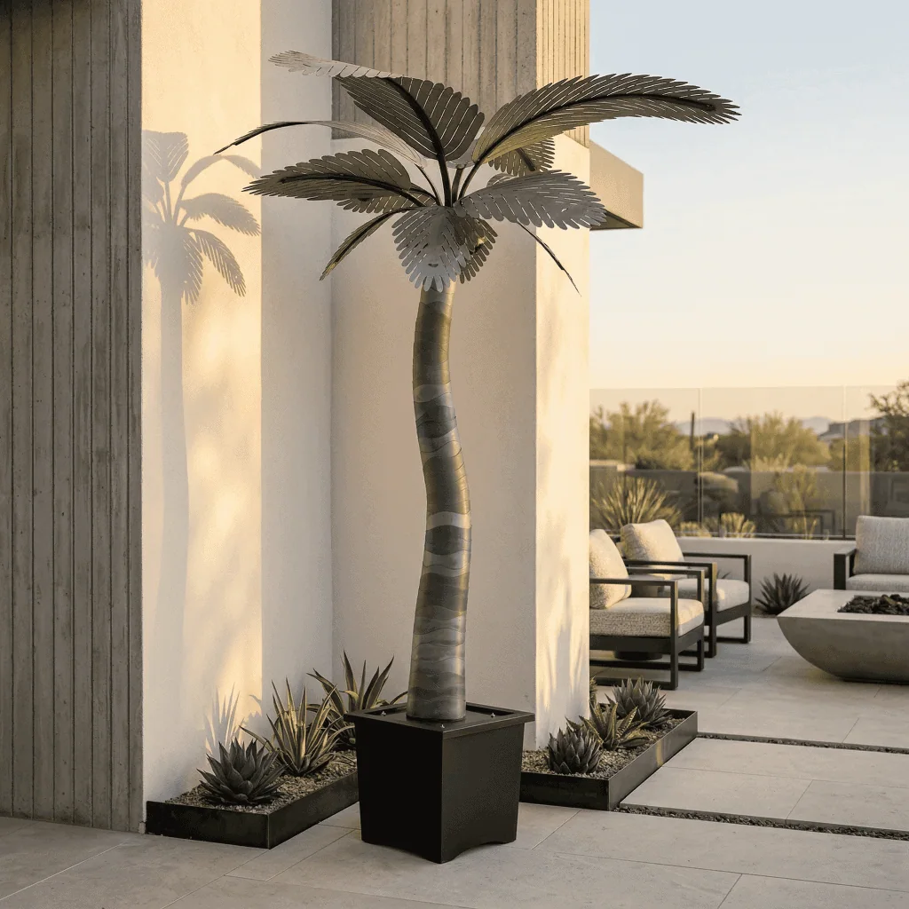 Artificial indoor palm tree in a sleek black pot, perfect for contemporary home or office decor.