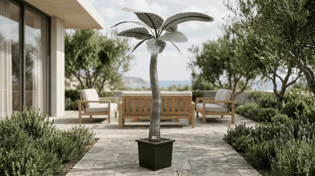 Modern artificial palm tree in a stylish outdoor patio setting.