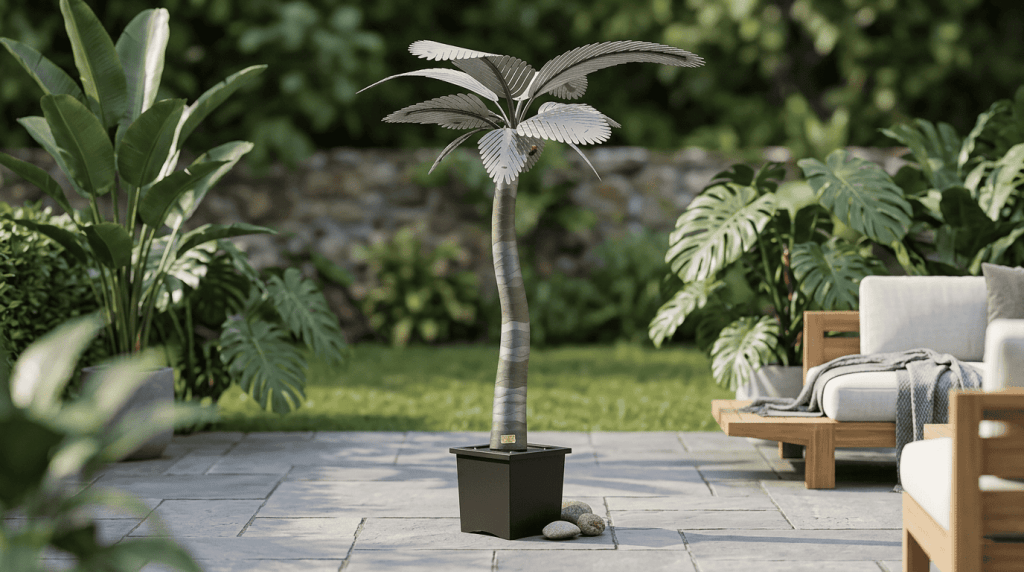 Artificial palm tree for outdoor garden decor, realistic and durable.