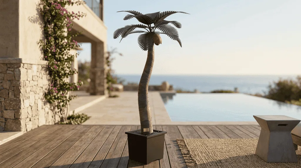 Elegant potted palm tree on a wooden deck overlooking the pool and ocean.