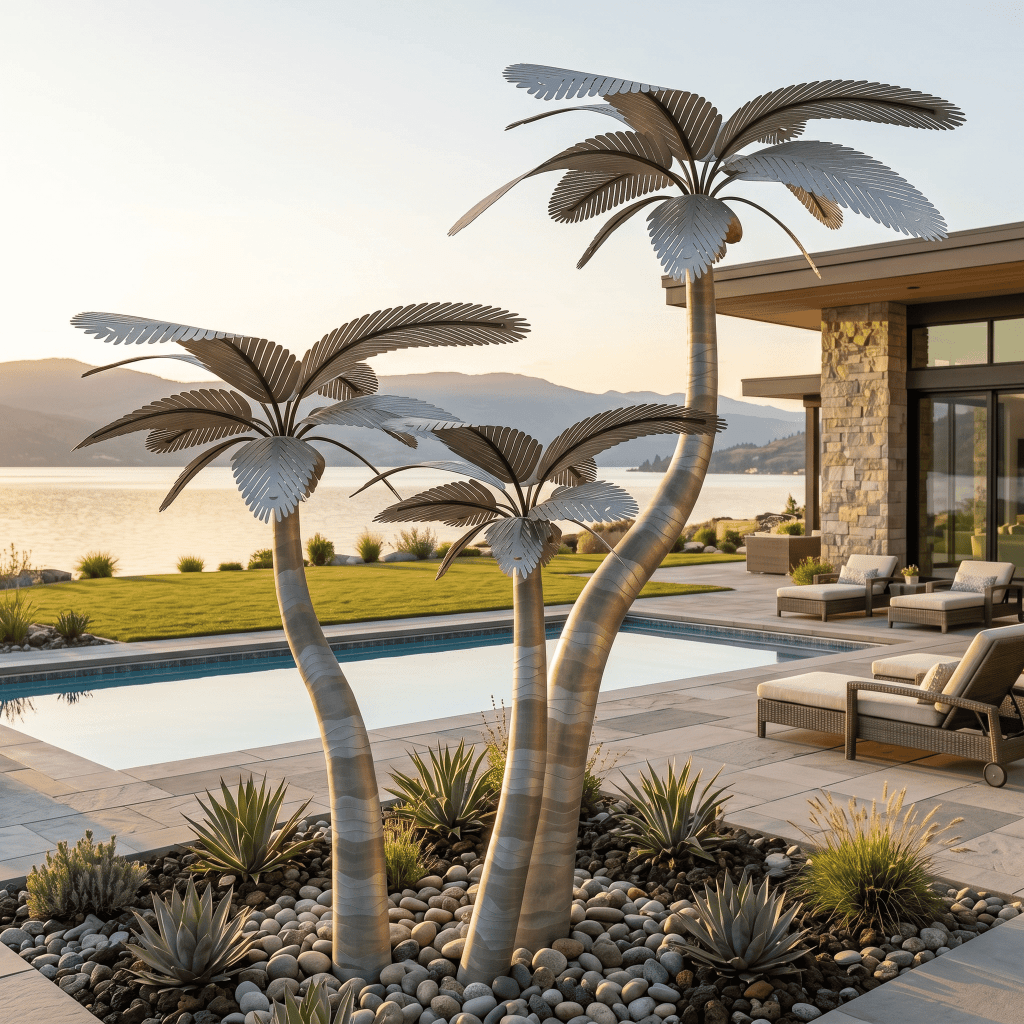 Outdoor designer palms with modern pool and sunset backdrop, perfect for luxury landscape design and.