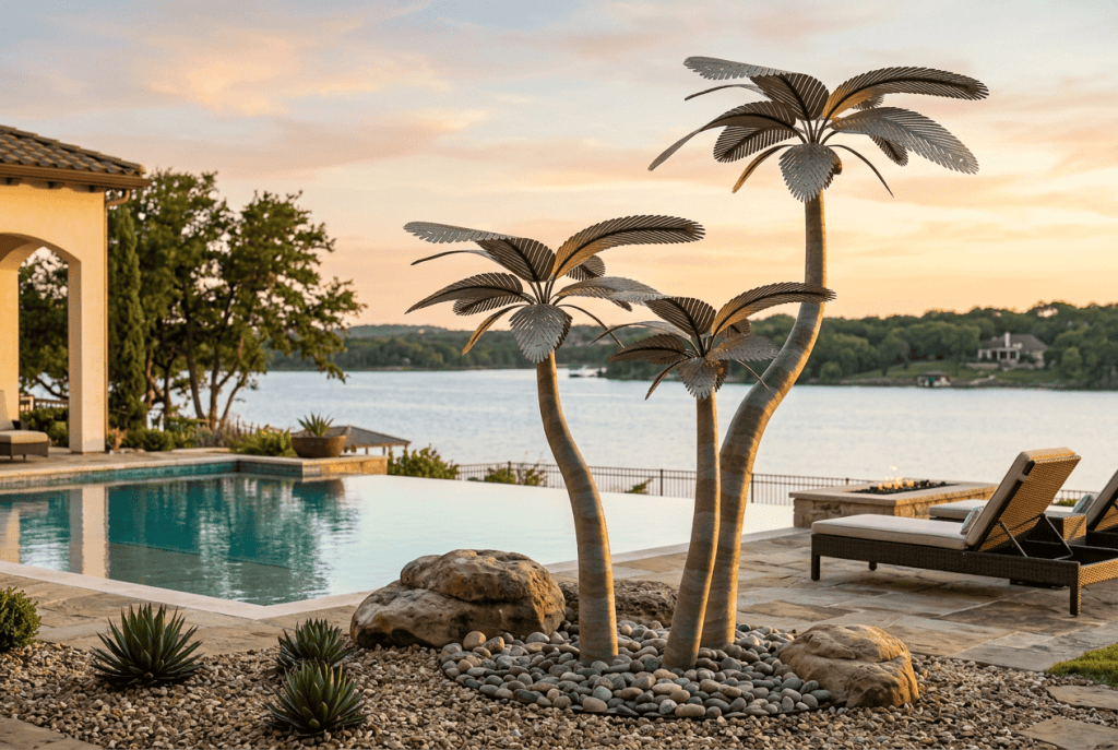 Palm-shaped metal sculptures for outdoor landscaping and poolside ambiance.
