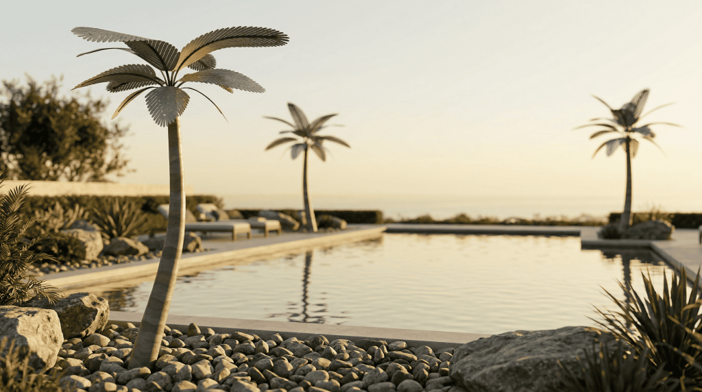 Palm trees by a modern swimming pool at sunset.