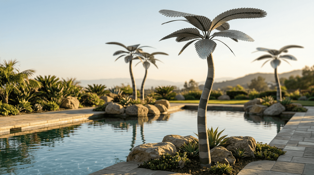 Elegant designer palms surrounding a luxurious swimming pool.