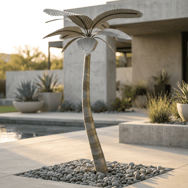 Modern decorative metal palm tree for outdoor landscaping and garden design.