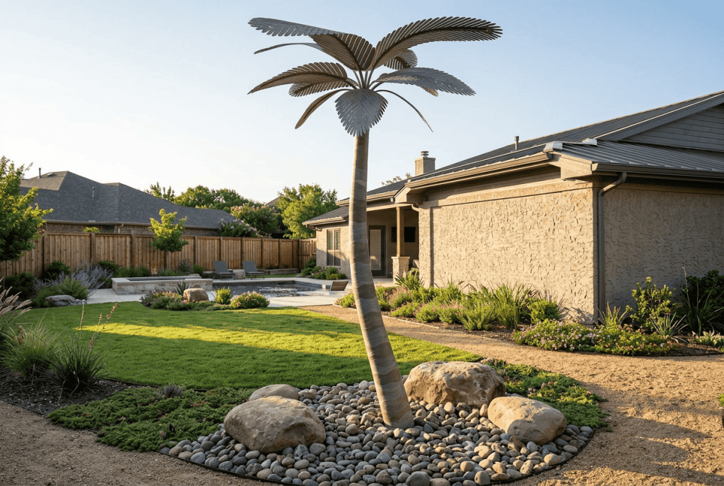 Artificial palm tree for modern landscaping and outdoor decor. Durable, realistic, and low-maintenan.