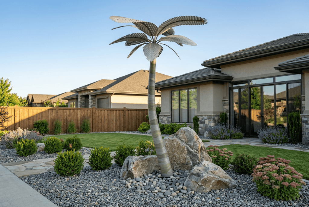 Modern tropical palm tree sculpture in a landscaped garden with rocks and shrubs.