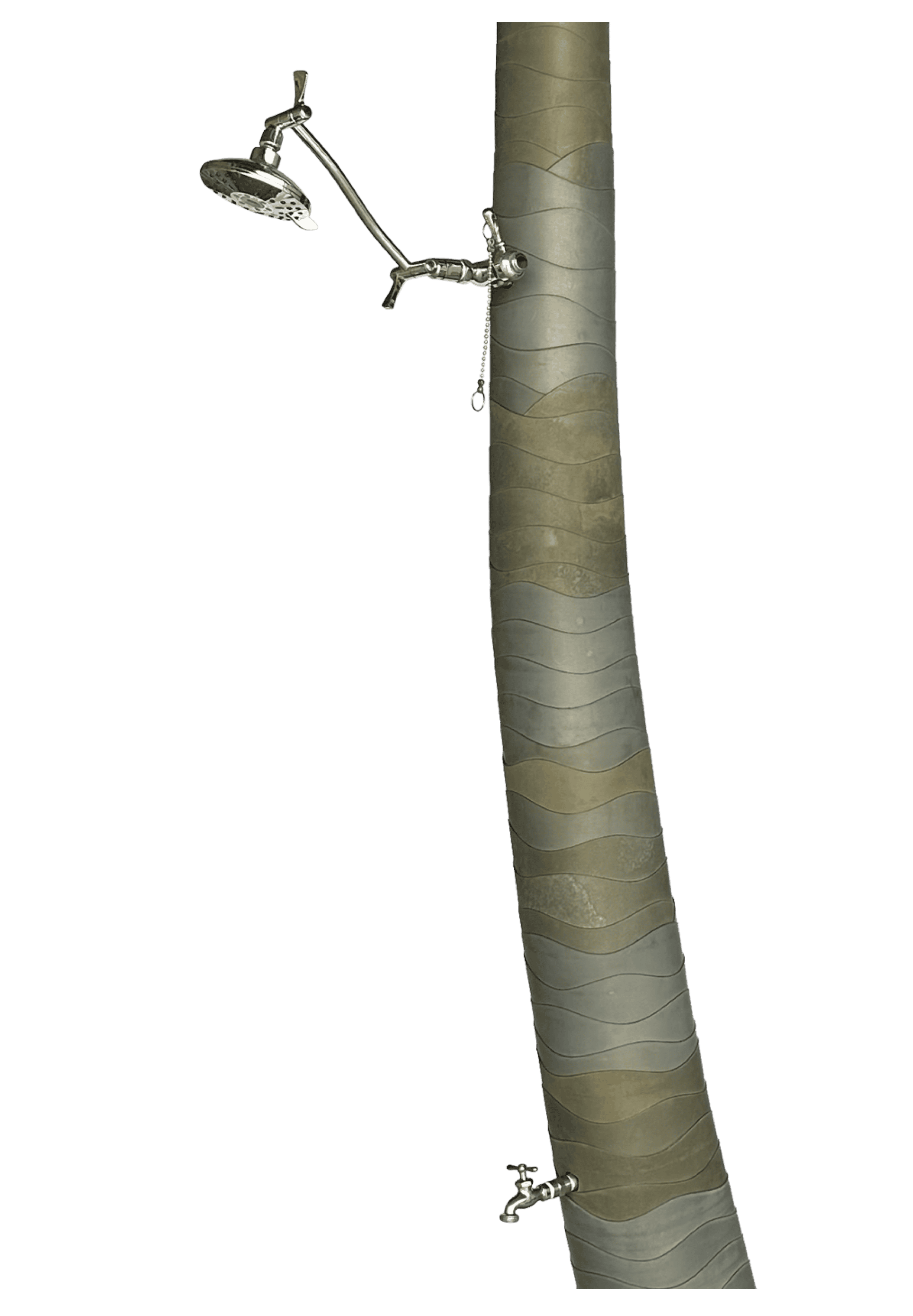 Shower head attached to a tall, textured palm tree trunk for a tropical outdoor bathroom.