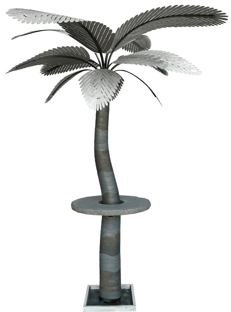 Metal palm tree sculpture for garden decor.