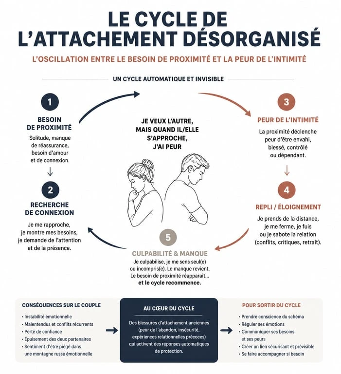 Schéma illustrant le cycle de l'attachement désorganisé dans le couple : entre besoin de fusion et peur de l'intimité.