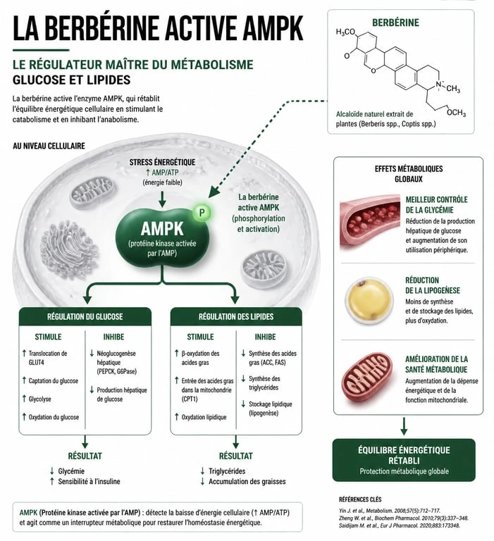 Infographie sur le mécanisme d'action de la berbérine pour la perte de poids et la régulation métabolique