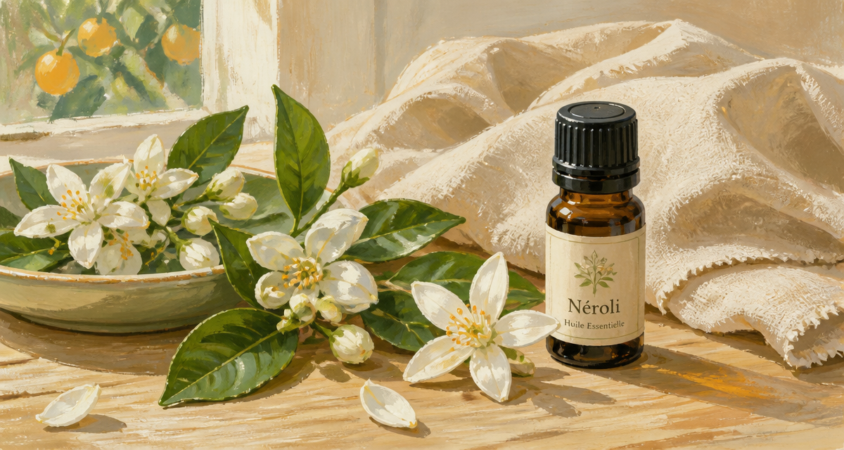 huile essentielle fleur d'oranger flacon et fleurs