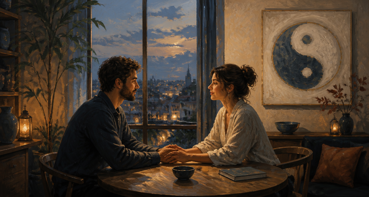 Le yin et le yang en amour, couple assis main dans la main