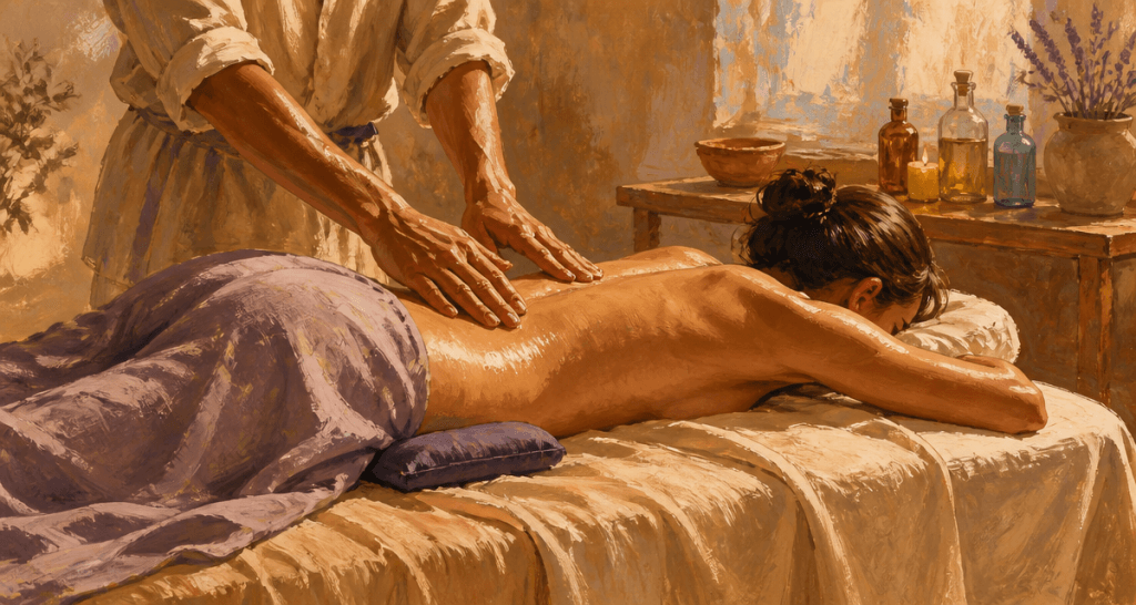 massage du bas du dos avec huile et coussin