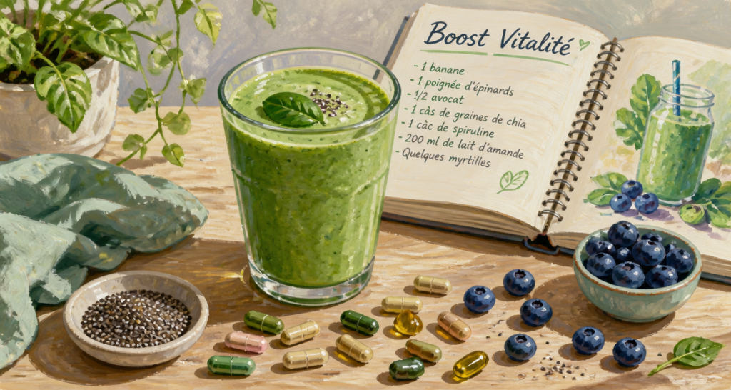 multi vitamines et mineraux sur table avec smoothie