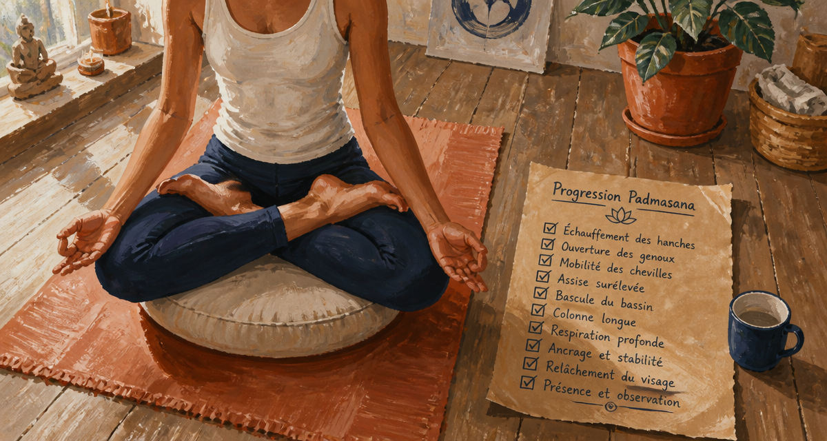 Personne en position lotus sur zafu avec checklist