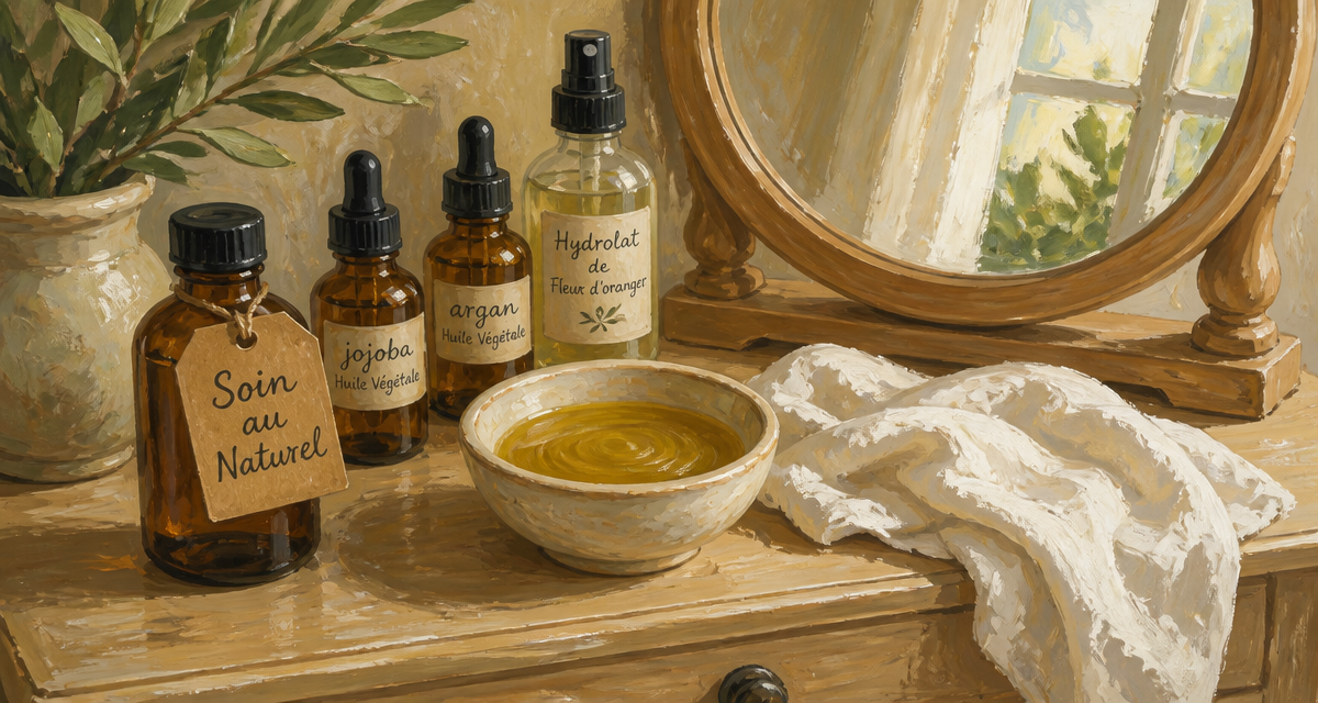 soin au naturel huiles végétales sur coiffeuse