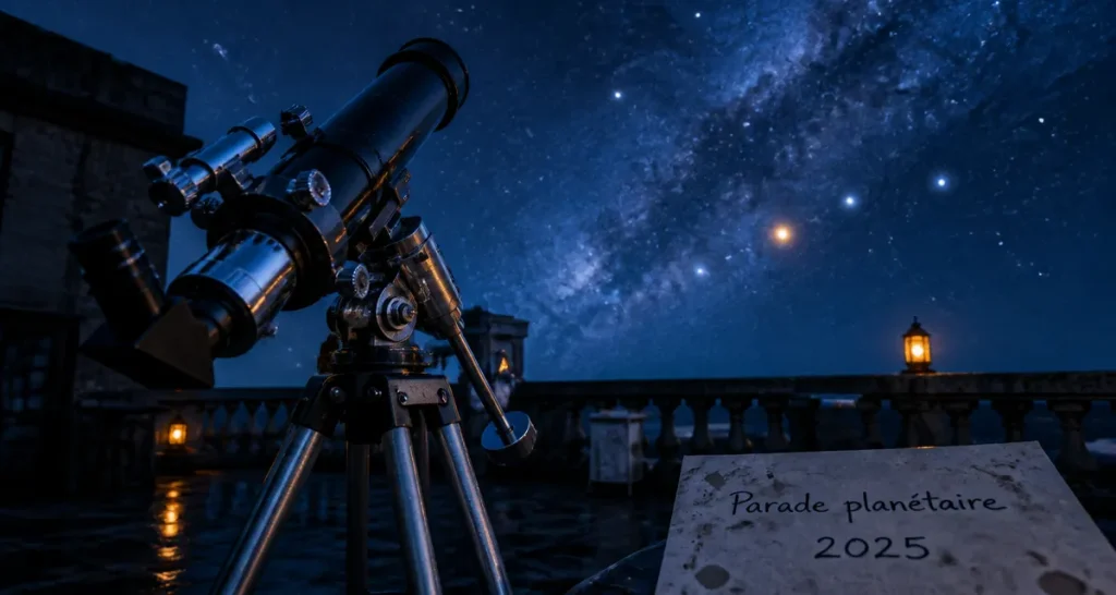 Alignement des planètes signification spirituelle 2025 : télescope nocturne et parade planétaire