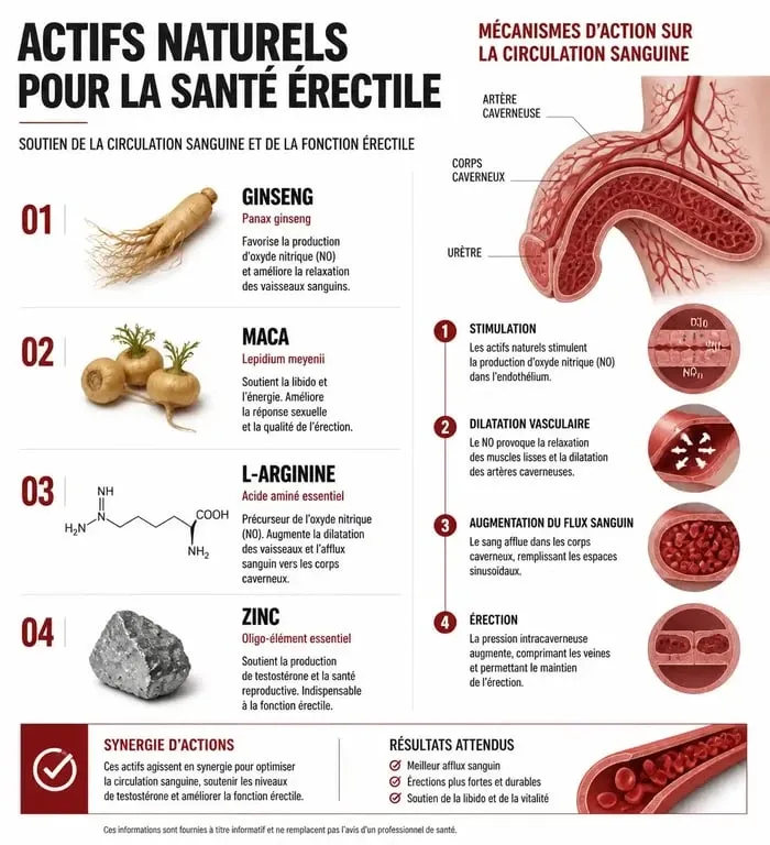 Infographie sur les produits naturels pour l'érection et leurs bienfaits sur la santé masculine