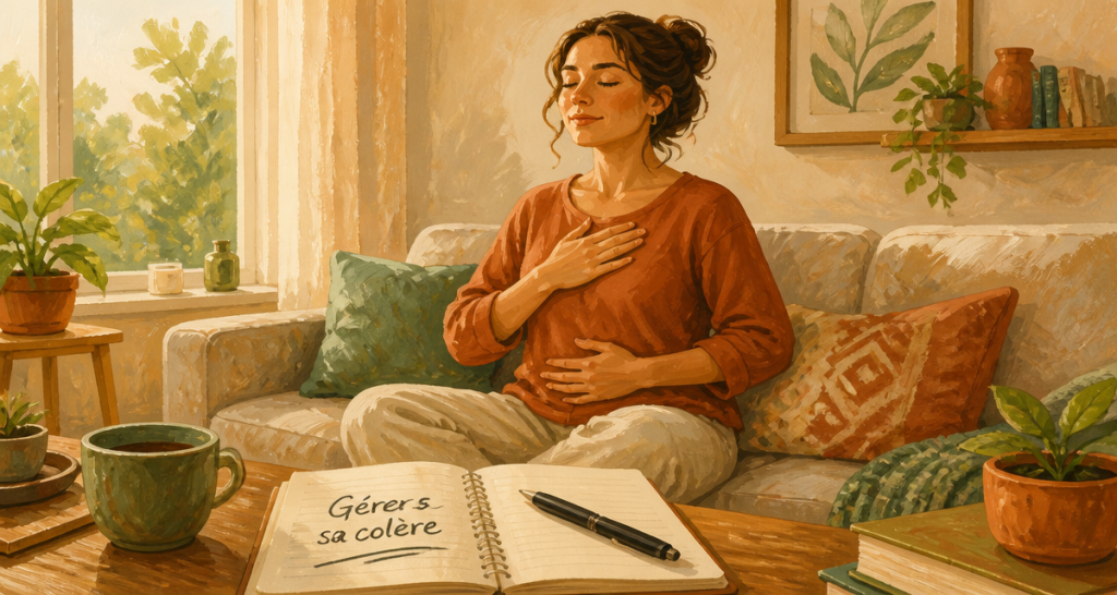 Gérer sa colère, femme respiration canapé