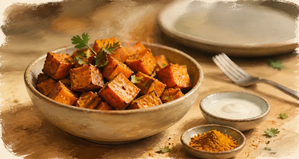 Les 5 bienfaits de la patate douce : patate douce rôtie, curry et lait de coco