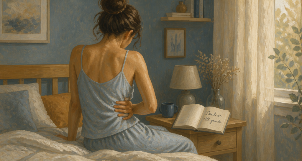 mal de dos côté gauche : signification spirituelle, femme assise main sur le flanc