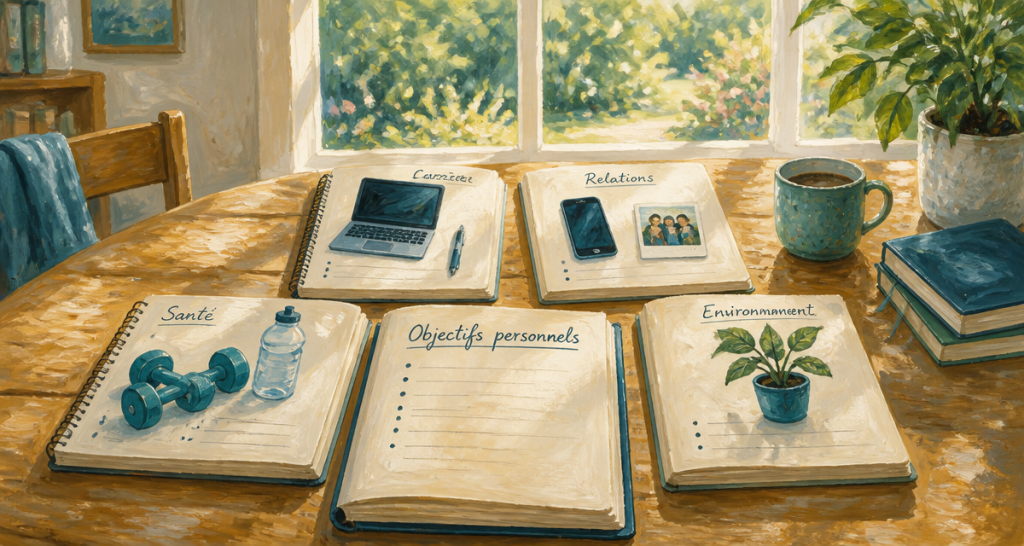 Objectif personnel, carnets illustrant les piliers de vie