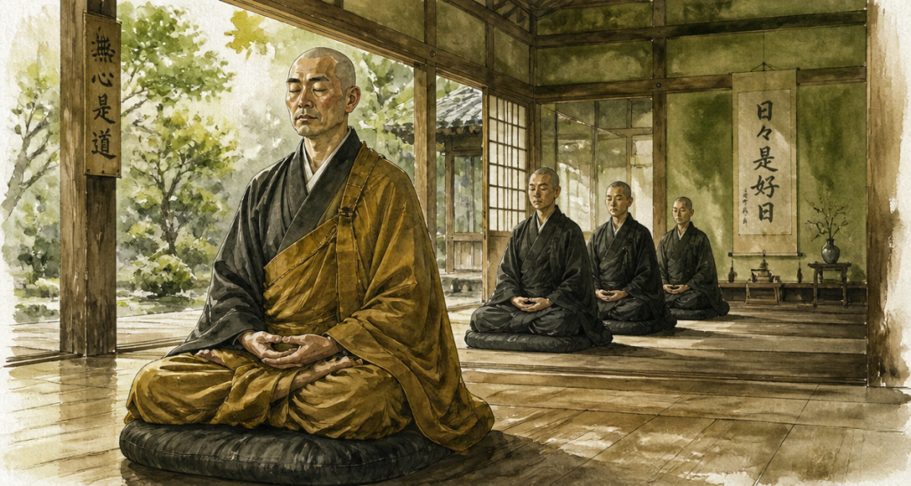 moine zen bouddhiste méditant zazen